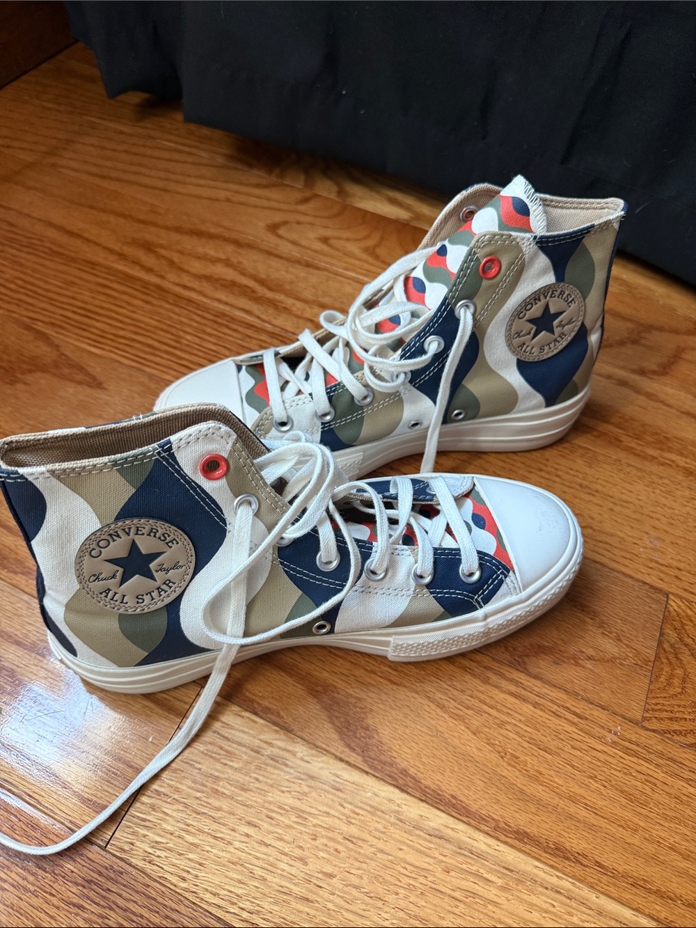 Converse High Top Sneakers in Navy, Tan, Cream & White with Red Accent